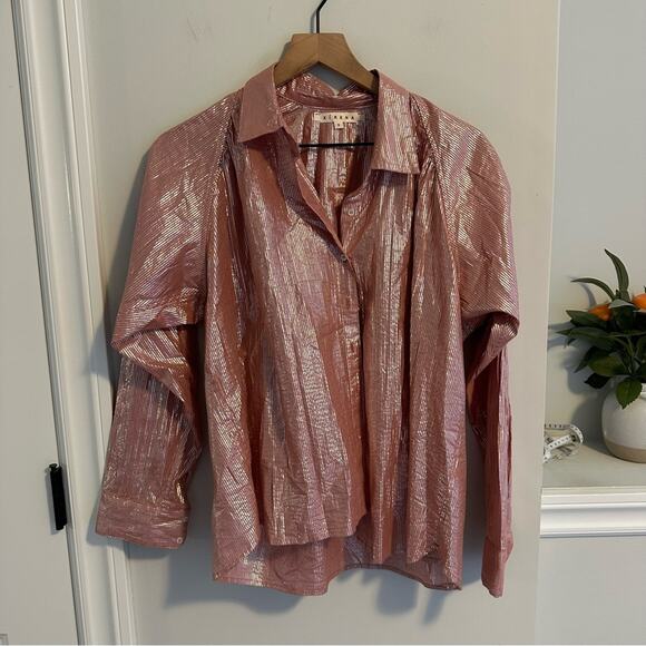 Xirena Pink Metallic Striped Button Front Blouse Small - Picture 11 of 11